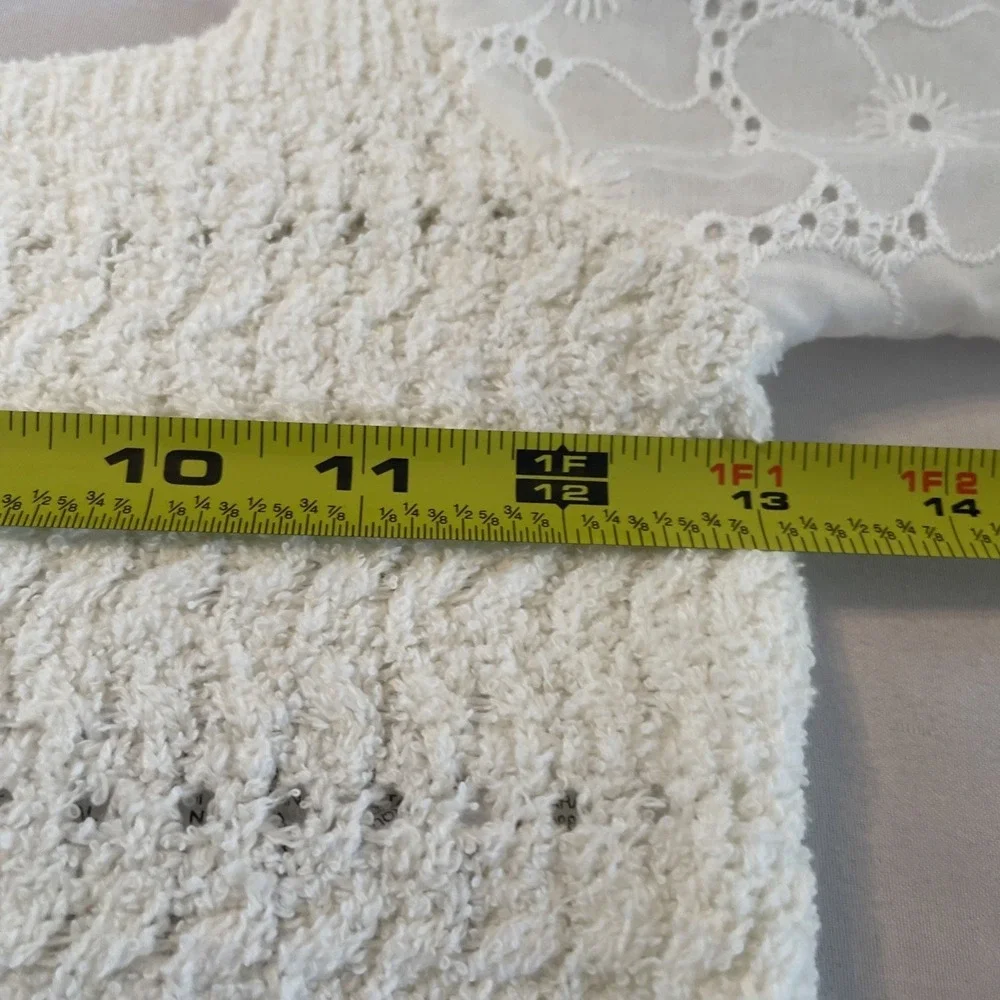 Zara Eyelet Puff Sleeve Cropped Sweater Top Womens Small Ivory Knit Boho